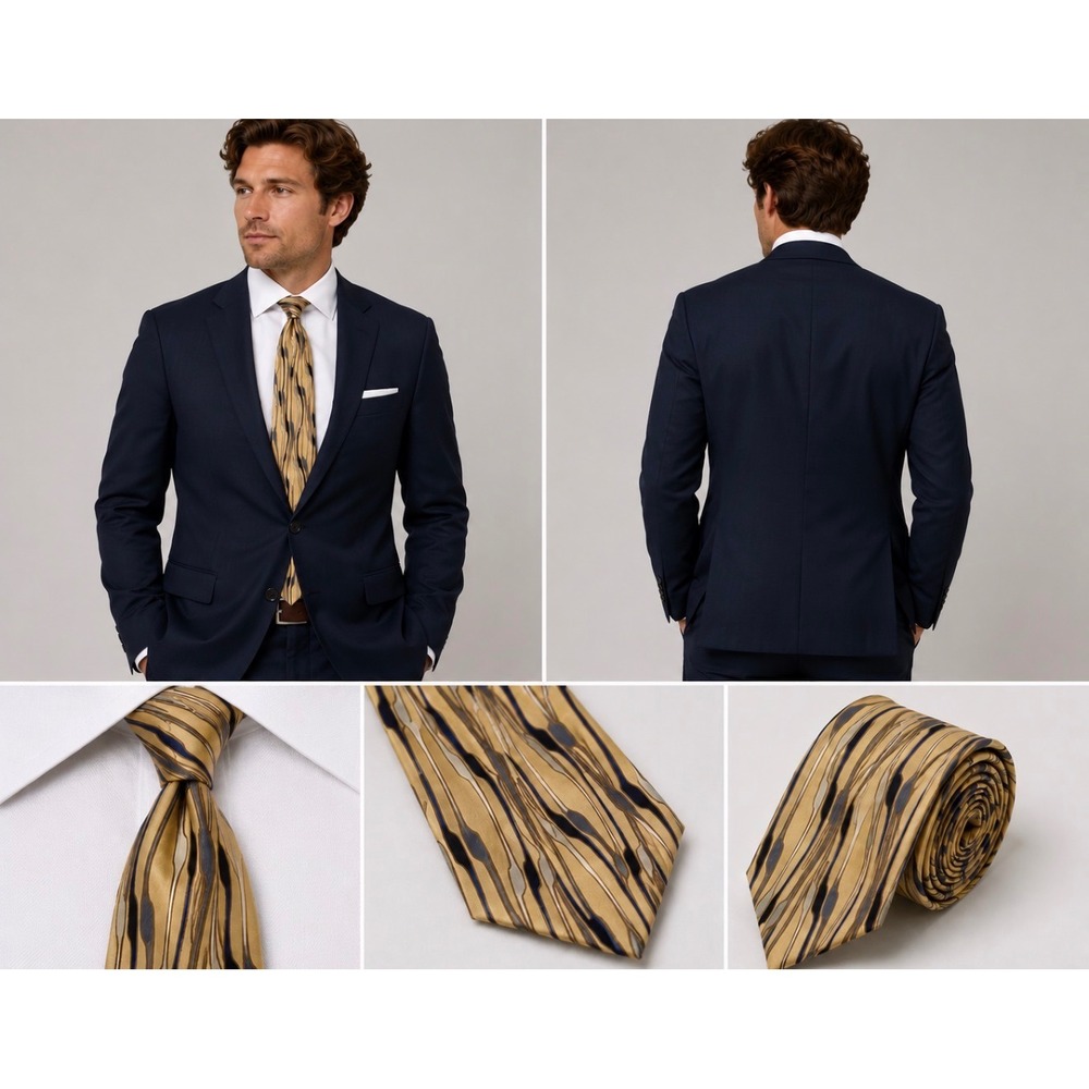 Bill Blass Black Label Mens Silk Tie Gold Navy Blue Abstract Wavy Stripe Pattern